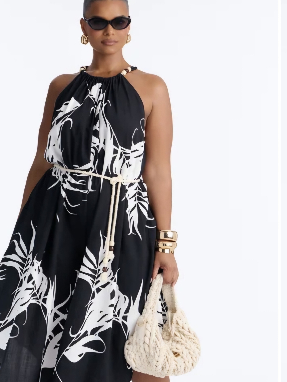 Fashion Nova Black & White Tropical Halter Maxi Dress